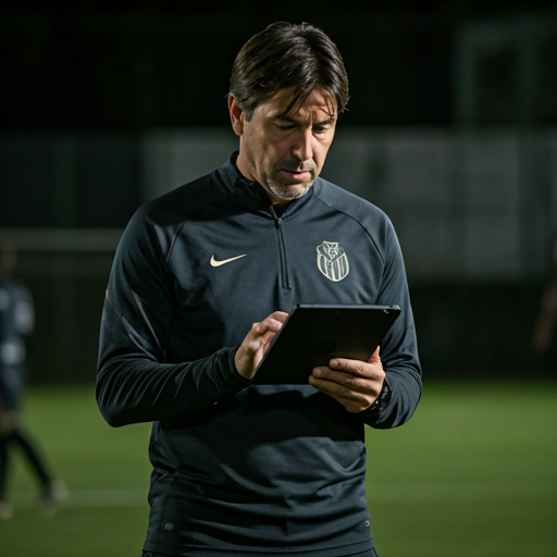 Treinador de futebol usando um tablet no campo de treinamento
